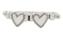 Two Rhinestone Heart Charm Silver Metal Boot Chain