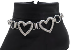 Two Rhinestone Heart Charm Silver Metal Boot Chain