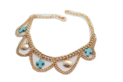 Turquoise Cross Charms Multi Wave Metal Boot Chain