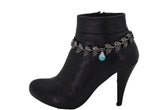 Pewter Metal Chain Boot Bracelet Shoe Turquoise Blue Bead Leaf Charms One Size