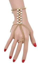 Gold Metal Hand Chain Wrist Bracelet Bling Connected Ring Tassel Fringes