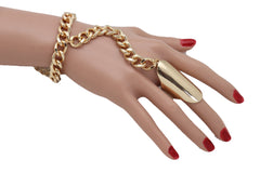 Gold Metal Hand Chain Wrist Bracelet Bling Connected Ring