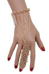 Gold Metal Hand Chain Bracelet Bling Band Elastic Ring Hot