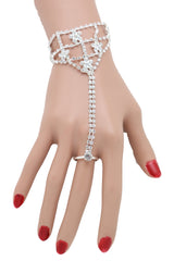 Silver Metal Hand Chain Bracelet Bling Flower Bead Charms Connected Slave Ring One Size