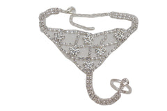 Silver Metal Hand Chain Bracelet Bling Flower Bead Charms Connected Ring