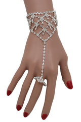 Silver Metal Bling Hand Chain Bracelet Sexy Connected Ring