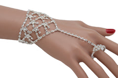 Silver Metal Bling Hand Chain Bracelet Sexy Connected Ring