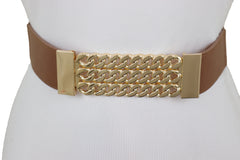 Brown Elastic Waistband Fashion Belt Gold Metal Chain Links Plate Size S M
