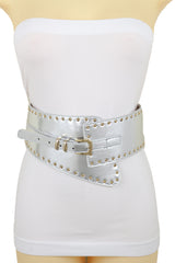 Wide Western Stretch Faux Leather Shiny Silver Fashion Belt Gold Stud XS S