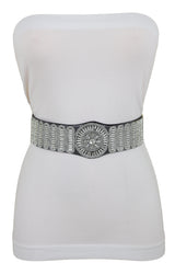 Black Elastic Band Night Club Party Fashion Belt Bling Silver Circle M L