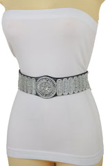 Black Elastic Band Night Club Party Fashion Belt Bling Silver Circle M L