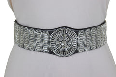 Black Elastic Band Night Club Party Fashion Belt Bling Silver Circle M L