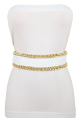 White Faux Leather Stretch Waistband Wide Belt Gold Metal Chain Links S M