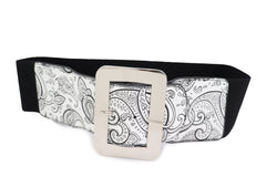 Wide White Elastic High Waist Hip Fashion Belt Black Paisley Print Fit S M