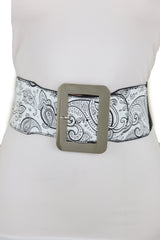 Wide White Elastic High Waist Hip Fashion Belt Black Paisley Print Fit S M