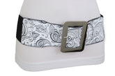 Wide White Elastic High Waist Hip Fashion Belt Black Paisley Print Fit S M