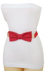 Fashion Belt Gold Plate Elastic Band Red Faux Leather Bow Tie Buckle S M L