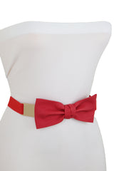 Fashion Belt Gold Plate Elastic Band Red Faux Leather Bow Tie Buckle S M L