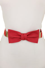Fashion Belt Gold Plate Elastic Band Red Faux Leather Bow Tie Buckle S M L