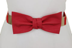 Fashion Belt Gold Plate Elastic Band Red Faux Leather Bow Tie Buckle S M L