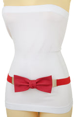 Fashion Belt Gold Plate Elastic Band Red Faux Leather Bow Tie Buckle S M L