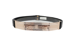 Skinny Black Elastic Waistband Belt Hip Waist Gold Metal Plate Bow Tie S M