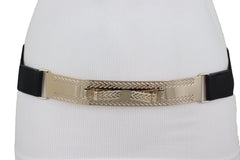 Skinny Black Elastic Waistband Belt Hip Waist Gold Metal Plate Bow Tie S M