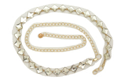 Gold Mesh Metal Skinny Waistband Fashion Belt Silver Square Bead Fit S M L