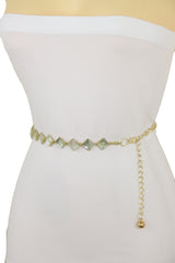 Gold Mesh Metal Skinny Waistband Fashion Belt Silver Square Bead Fit S M L