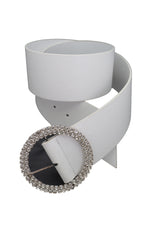 Winter White Faux Leather Wide Strap Fashion Belt Bling Round Buckle S M