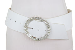 Winter White Faux Leather Wide Strap Fashion Belt Bling Round Buckle S M