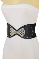 Wide Black Elastic Waistband Fashion Belt Bling Bow Tie Buckle Size S M
