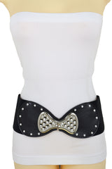Wide Black Elastic Waistband Fashion Belt Bling Bow Tie Buckle Size S M