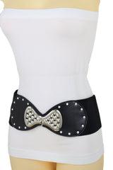 Wide Black Elastic Waistband Fashion Belt Bling Bow Tie Buckle Size S M