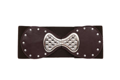 Chic Dark Brown Wide Faux Leather Elastic Band Belt Silver Bow Tie Buckle S M