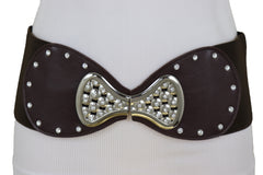 Chic Dark Brown Wide Faux Leather Elastic Band Belt Silver Bow Tie Buckle S M