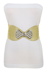 Fashion Belt Hip High Waist Gold Wide Elastic Silver Bow Tie Buckle S M