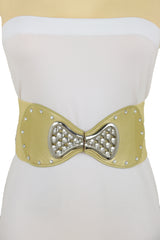 Fashion Belt Hip High Waist Gold Wide Elastic Silver Bow Tie Buckle S M