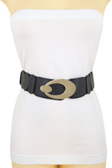 Waistband Black Elastic Band Fashion Belt Gold Metal Oval Buckle Size S M