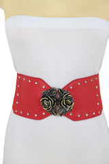 Elastic Red Fashion Belt Hip High Waist Gold Rose Metal Buckle Size S M