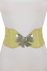 Wide Gold Stretch Fashion Belt Hip High Waist Metal Bow Tie Buckle Fit S M
