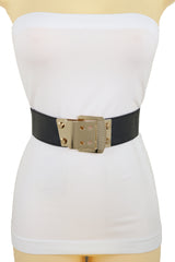 Black Elastic Band Belt High Waist Hip Gold Metal Square Buckle Size S M