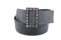 Women Gray Faux Suede Fabric Wide Waistband Belt Bling Square Buckle Size S M