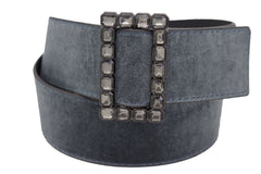 Women Gray Faux Suede Fabric Wide Waistband Belt Bling Square Buckle Size S M