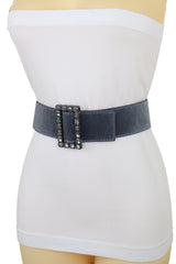 Women Gray Faux Suede Fabric Wide Waistband Belt Bling Square Buckle Size S M