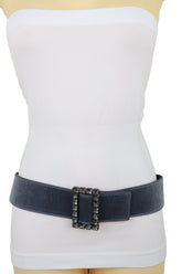 Women Gray Faux Suede Fabric Wide Waistband Belt Bling Square Buckle Size S M