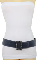 Women Gray Faux Suede Fabric Wide Waistband Belt Bling Square Buckle Size S M
