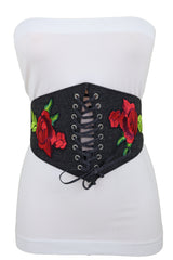 Black Denim High Waist Corset Elastic Band Belt Red Rose Flower Size S M