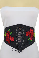 Black Denim High Waist Corset Elastic Band Belt Red Rose Flower Size S M