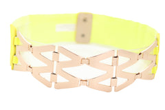 Neon Yellow Wide Elastic Waistband Fashion Belt Gold Metal XX Links S M
